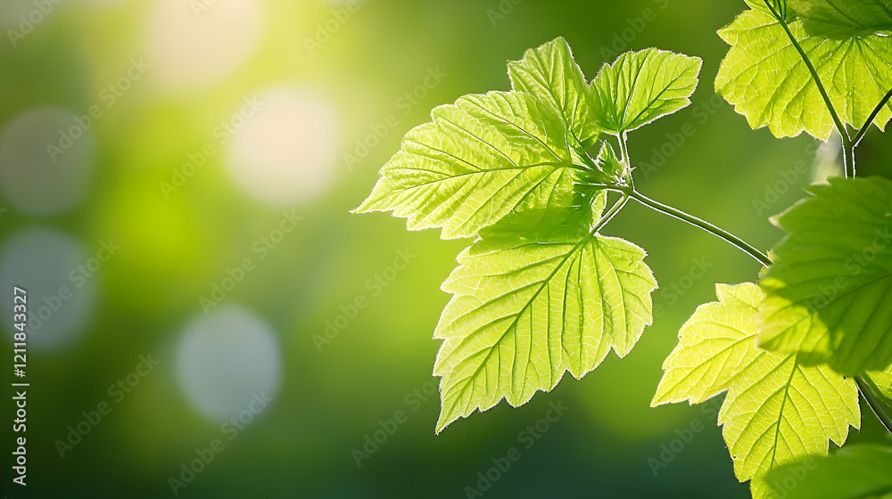 Bright sunlight illuminates vibrant green leaves on a branch, bokeh background, spring nature scene, ideal for eco-friendly themes Bright sunlight illuminates vibrant green leaves on a branch, bokeh background, spring nature scene, ideal for eco-friendly themes