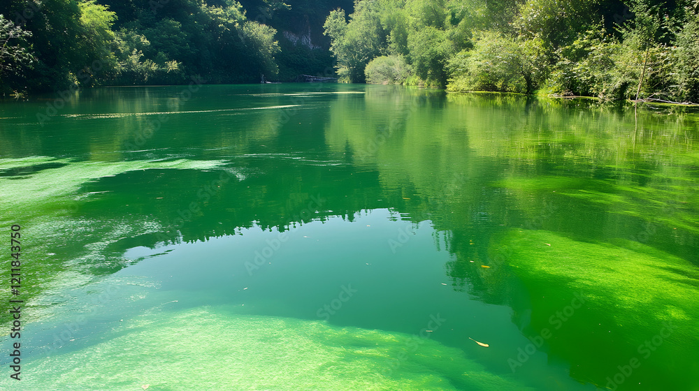 Calm green lake surrounded by lush trees, reflecting sunlight. Perfect for travel brochures Calm green lake surrounded by lush trees, reflecting sunlight. Perfect for travel brochures