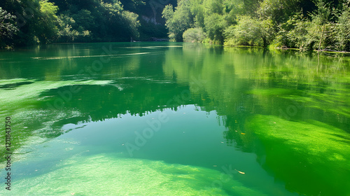 Calm green lake surrounded by lush trees, reflecting sunlight. Perfect for travel brochures