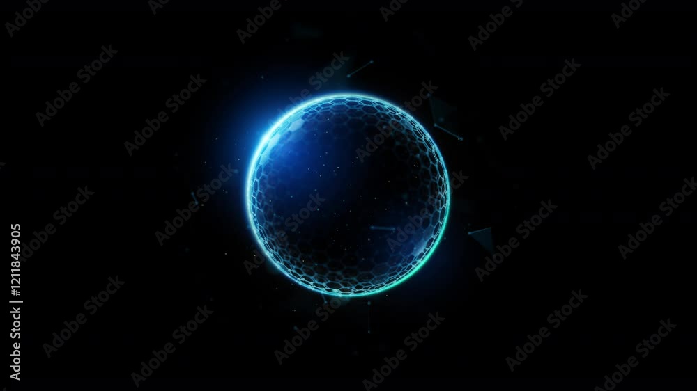 Abstract looped animation of low poly protection sphere shield barrier. Security; privacy; safety technology futuristic animated motion graphics asset by hexagonal wireframe mesh on black background