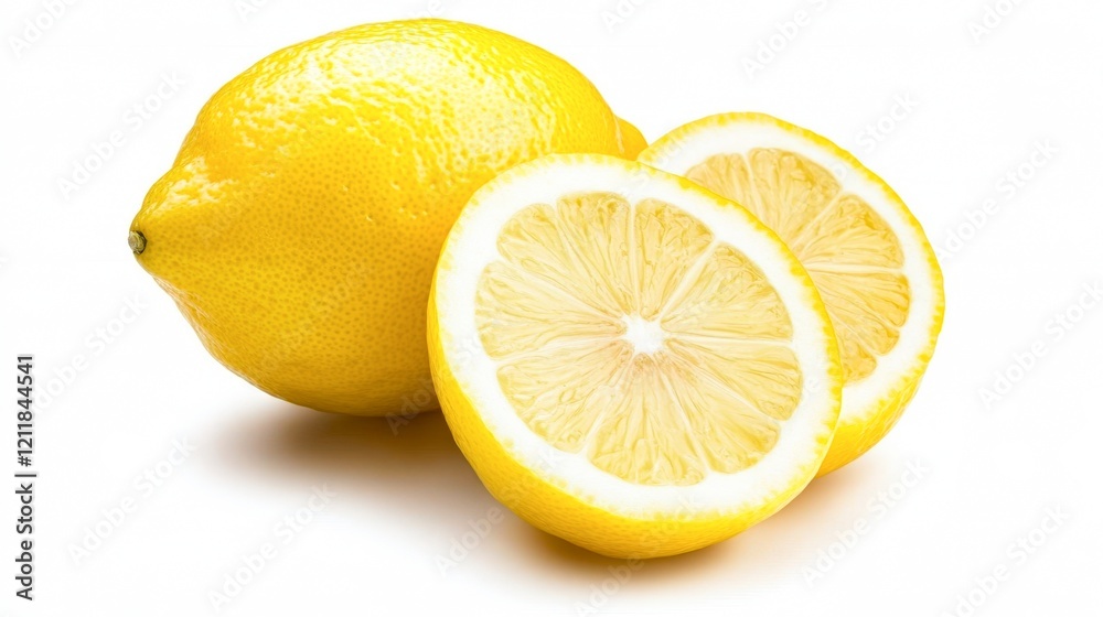 Fresh, vibrant lemons, one whole and one sliced, showcase their bright yellow color and juicy texture, perfect for food photography, culinary designs, or health-related content, Fresh, vibrant lemons, one whole and one sliced, showcase their bright yellow color and juicy texture, perfect for food photography, culinary designs, or health-related content,