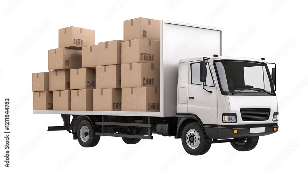 High definition 3D representation of a delivery truck loaded with cardboard boxes set against a simple white background suitable for business or shipping industry content High definition 3D representation of a delivery truck loaded with cardboard boxes set against a simple white background suitable for business or shipping industry content