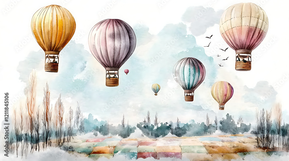 Obraz premium A painting of colorful hot air balloons flying in the sky. generated using AI