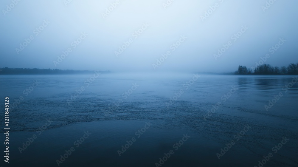 Fototapeta premium Misty river at dawn, calm water, serene landscape.