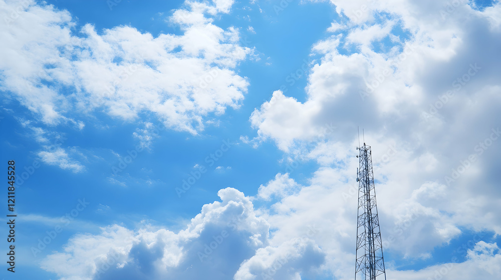 Clear blue sky with fluffy white clouds and a tall communication tower; ideal for technology or weather reports Clear blue sky with fluffy white clouds and a tall communication tower; ideal for technology or weather reports