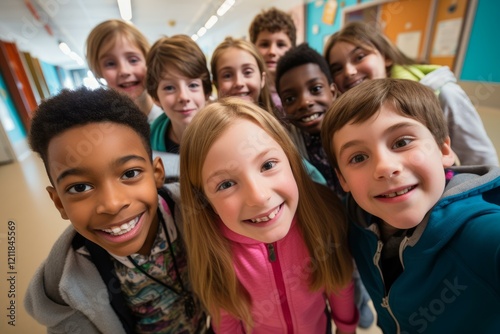 Diverse group of cheerful students standing together in school hallway, smiling