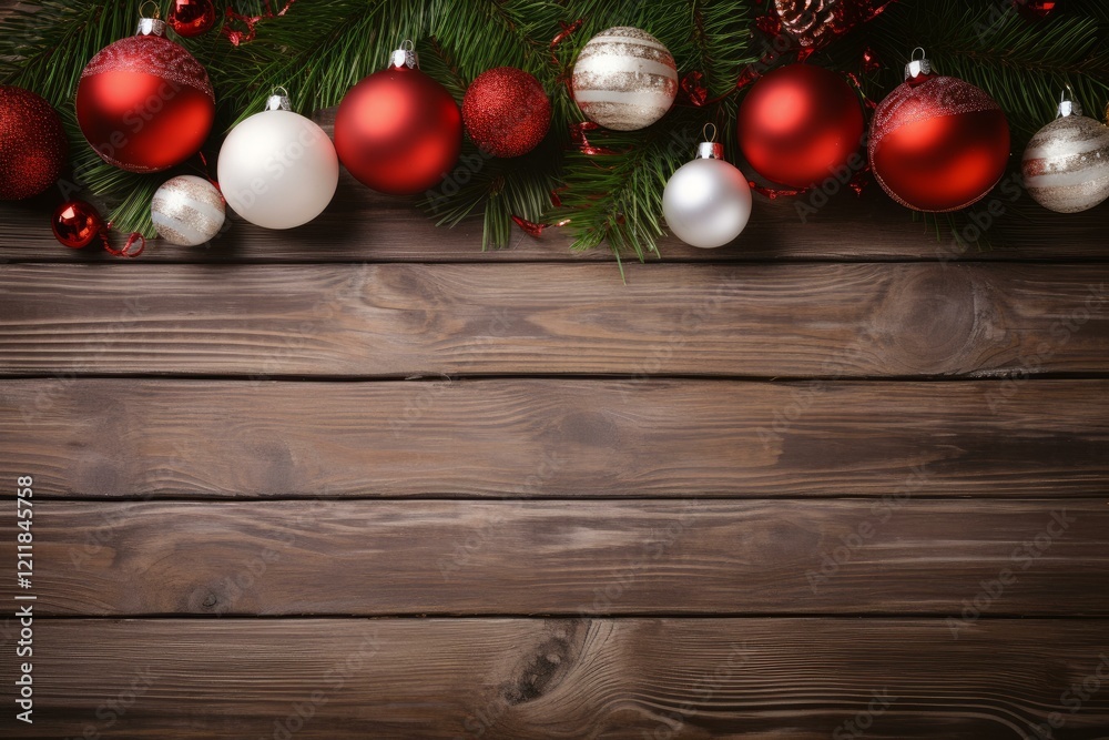 Festive christmas ornaments and pine branches arranged on a rustic wooden background, creating a holiday border with ample copy space Festive christmas ornaments and pine branches arranged on a rustic wooden background, creating a holiday border with ample copy space