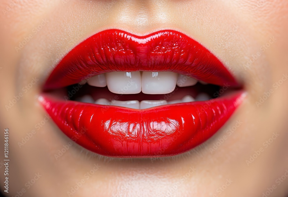 Close-up of lips with red lipstick and white teeth Close-up of lips with red lipstick and white teeth