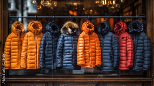 Colorful puffer jackets displayed in shop window photo