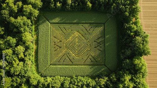 An artistic representation of an aerial geometric pattern formed by fields or crops, highlighting symmetry