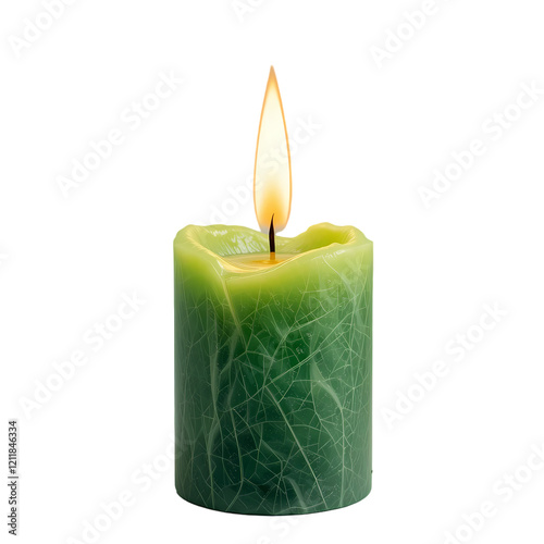 green candle with flame isolated on white background