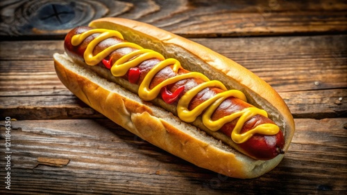 Sizzling hot dog, mustard, ketchup; a street food feast captured in delicious detail. photo