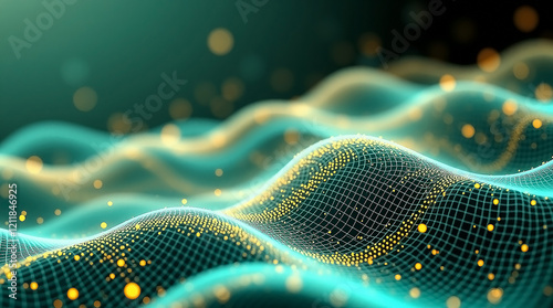 Dynamic Teal and Gold Wave Pattern with Flowing Motion and Futuristic Digital Feel