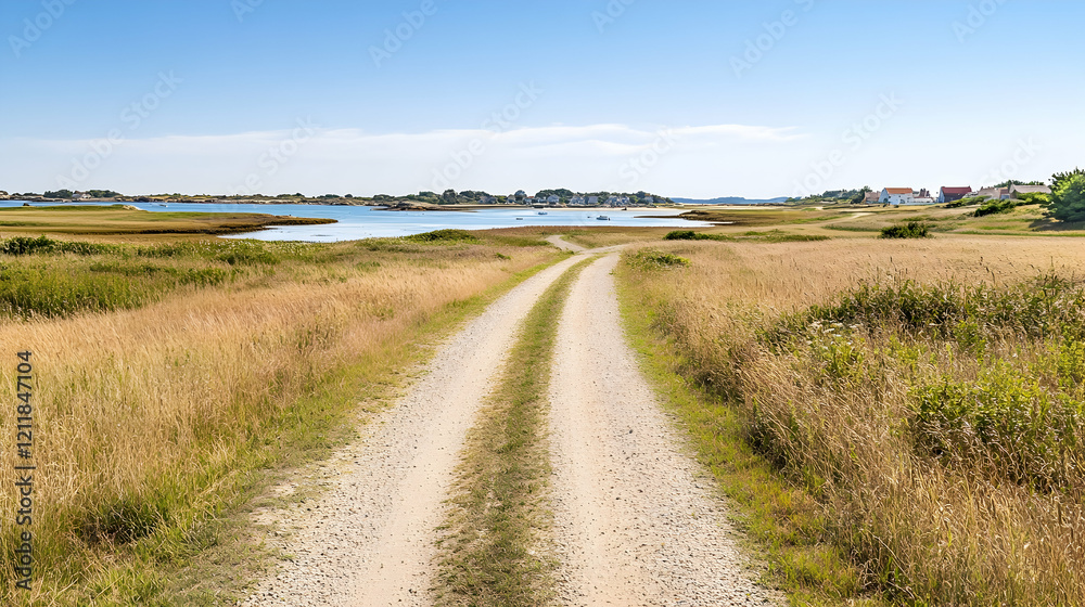 Coastal gravel road leading to seaside village, sunny day, calm waters. Ideal for travel, tourism, and nature websites Coastal gravel road leading to seaside village, sunny day, calm waters. Ideal for travel, tourism, and nature websites