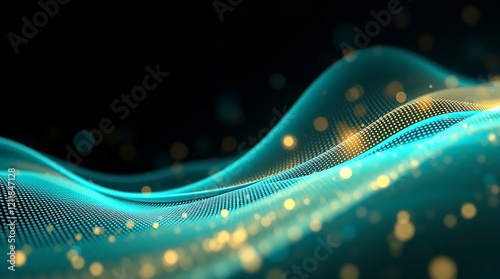 Dynamic Teal and Gold Wave Pattern with Flowing Motion and Futuristic Digital Feel