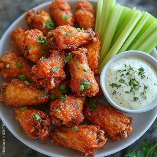 picy fried chicken wings plated with a side of blue cheese dressing and celery sticks photo