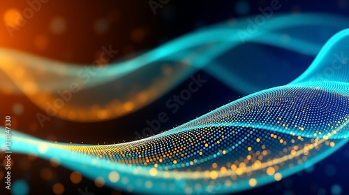 Dynamic Teal and Gold Wave Pattern with Flowing Motion and Futuristic Digital Feel