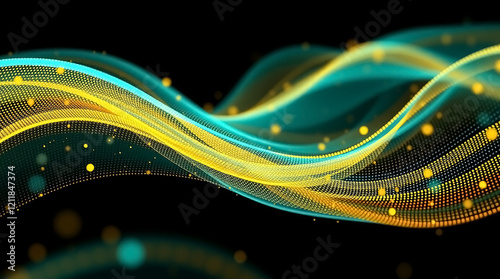 Dynamic Teal and Gold Wave Pattern with Flowing Motion and Futuristic Digital Feel