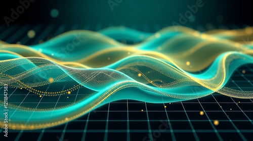Futuristic Abstract Wave Pattern with Flowing Teal and Gold Colors and Digital Technology Concept