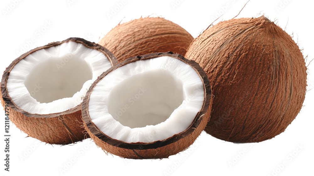 Fresh coconuts on display with one cut in half to reveal white flesh isolated on transparent background Fresh coconuts on display with one cut in half to reveal white flesh isolated on transparent background