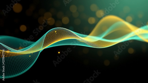 Futuristic Abstract Wave Pattern with Flowing Teal and Gold Colors and Digital Technology Concept