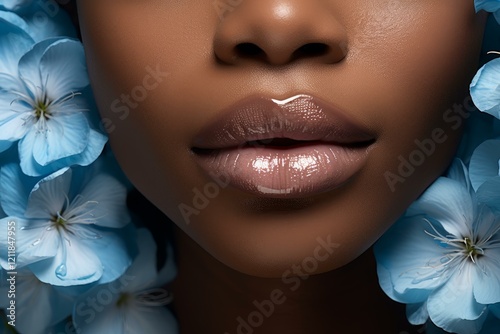 Glossy lips and blue flowers create a striking contrast against the smooth skin in a beauty portrait
