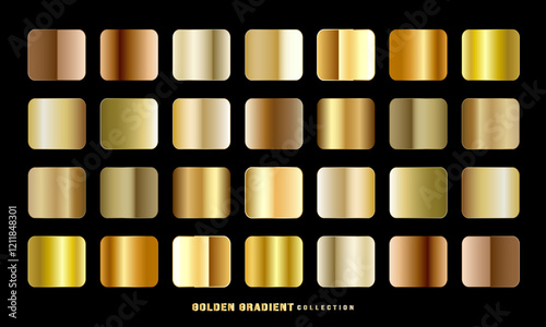 Golden gradients set. Metallic gold gradients. Elegant gold gradients collection.The texture of a smooth metal surface. A collection of gold metallic gradients. Vector illustration