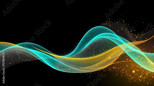 Teal and Gold Abstract Wave Design with Flowing Motion and Futuristic Digital Vibe