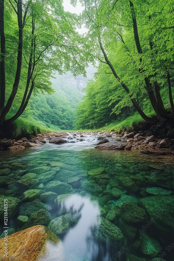 Serene stream flows through lush green forest. Serene stream flows through lush green forest.
