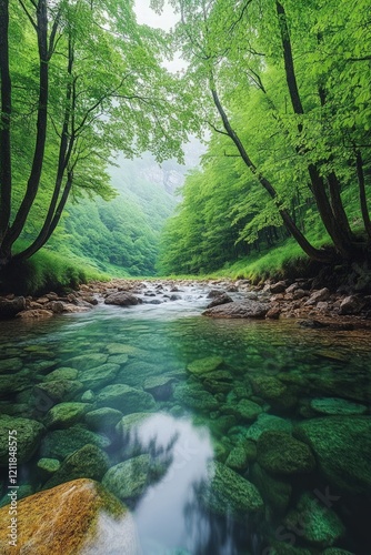 Serene stream flows through lush green forest.