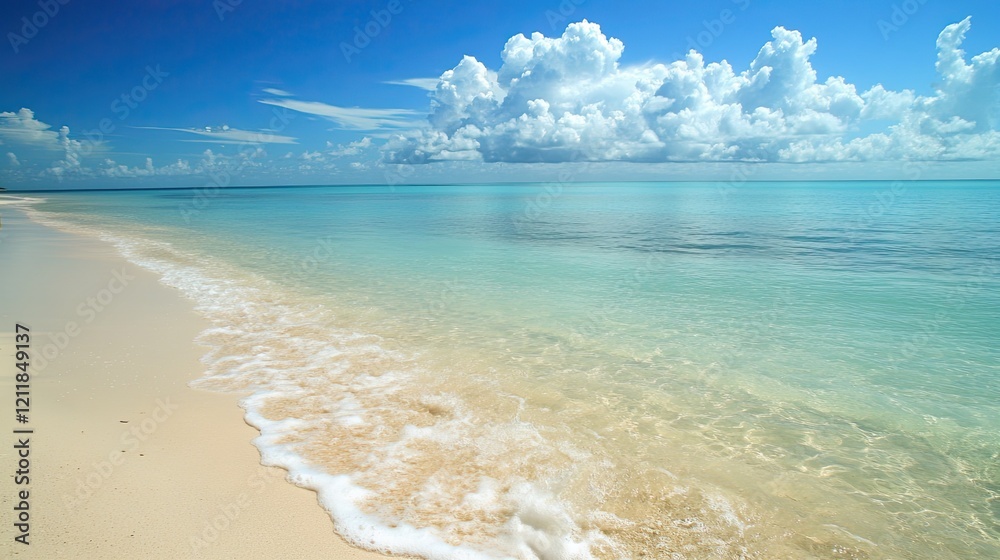 Fototapeta premium Tropical beach, turquoise water, fluffy clouds, summer vacation, idyllic scene