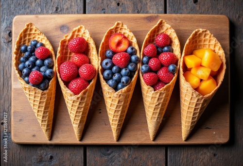 Five waffle cones filled with fruit on wooden board