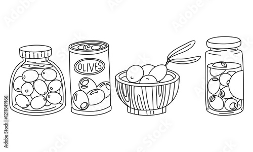 set of jars with olives in the contour. variety of containers in a row of different shapes in a glass, iron jar and wooden plate. Olives with and without pits. Contour illustration of food. Isolated