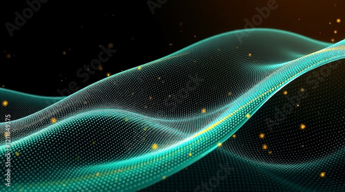 Teal and Gold Abstract Wave Pattern with Fluid Motion and Futuristic Technology Design