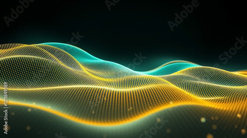 Teal and Gold Abstract Wave Pattern with Fluid Motion and Futuristic Technology Design