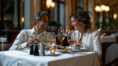 Foreign Couple Dining in a Stylish Hotel Restaurant