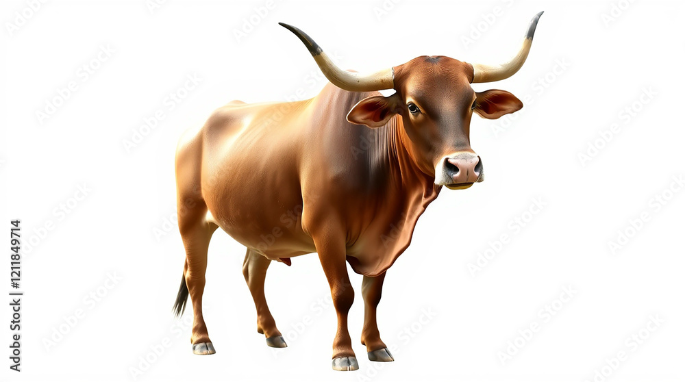 a Brahman bull isolated on white, showcasing its muscular physique and gentle expression Brown Longhorn Cattle a Brahman bull isolated on white, showcasing its muscular physique and gentle expression Brown Longhorn Cattle