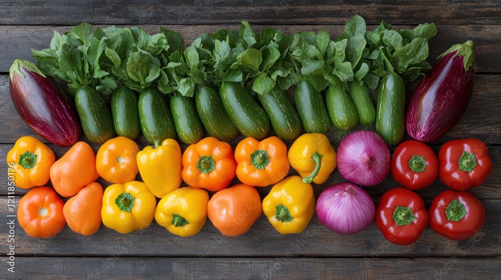 Colorful vegetables arranged on wooden table, overhead Colorful vegetables arranged on wooden table, overhead