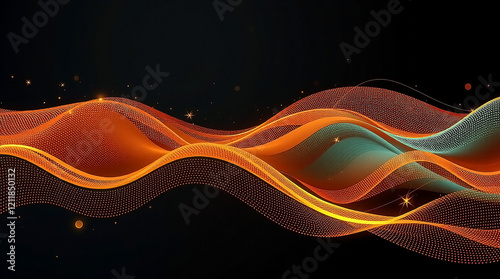 Abstract Wave Pattern with Teal and Gold Colors Featuring Flowing Motion and Futuristic Technology Concept