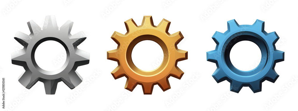 Three metallic gears in silver, gold, and blue colors, representing mechanical engineering and technology. These gears symbolize collaboration and innovation in various industries Three metallic gears in silver, gold, and blue colors, representing mechanical engineering and technology. These gears symbolize collaboration and innovation in various industries