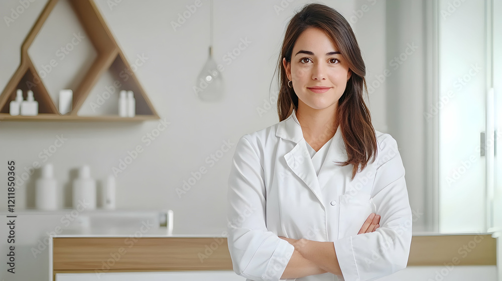 Confident female doctor in clinic; modern reception desk background; healthcare, wellness, medical consultation Confident female doctor in clinic; modern reception desk background; healthcare, wellness, medical consultation