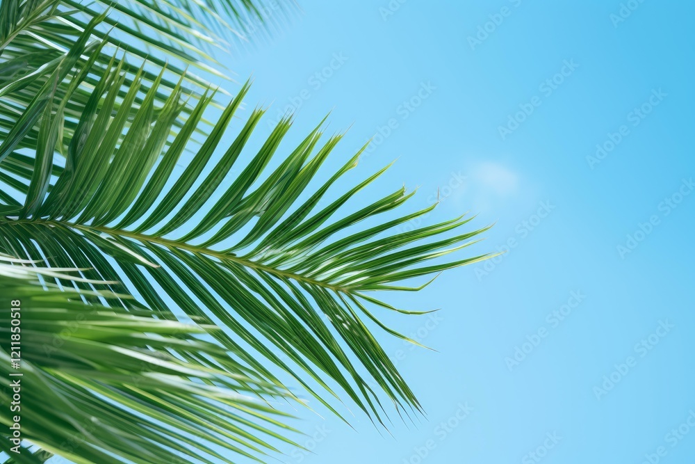Close up of vibrant green palm leaves swaying gently against a clear blue sky, evoking a sense of tropical tranquility Close up of vibrant green palm leaves swaying gently against a clear blue sky, evoking a sense of tropical tranquility