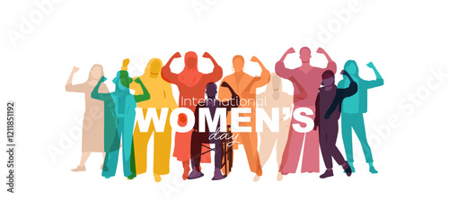 International Women's Day banner. #AccelerateAction Different women show their strength. 