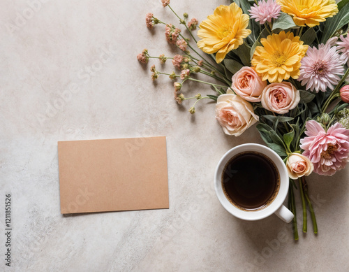 Flat lay with morning cup of coffee, empty card and bouquet of flowers on pastel concrete background. Top view, copy space