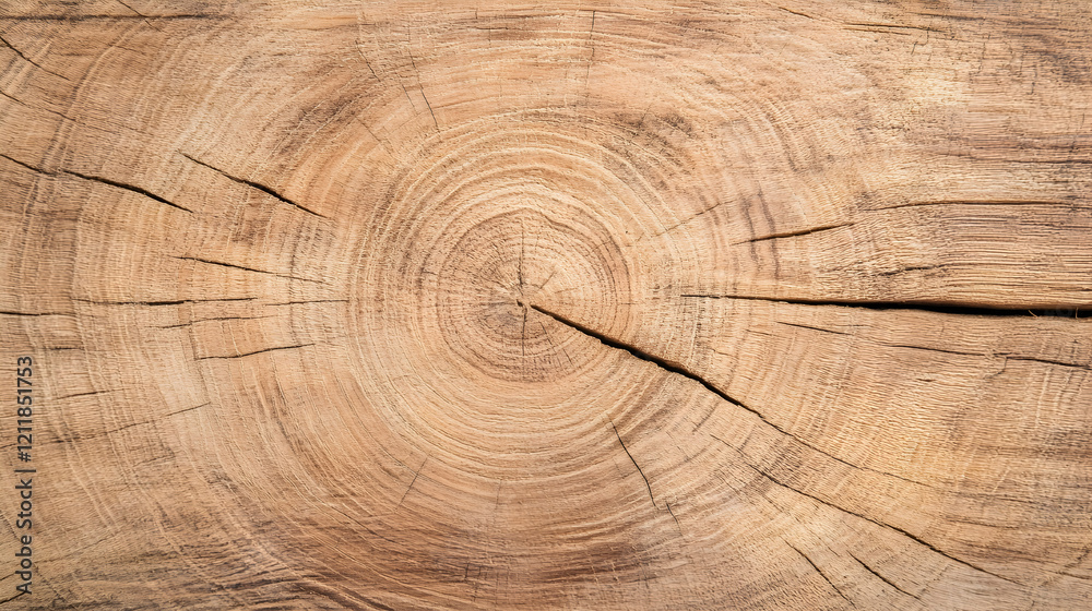 Naklejka premium Cross-section of tree trunk, showing growth rings and cracks, natural texture background for design projects