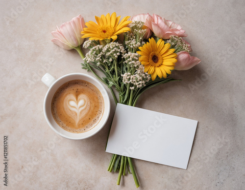 Flat lay with morning cup of coffee, empty card and bouquet of flowers on pastel concrete background. Top view, copy space