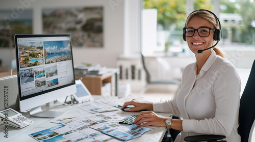 Travel Agent Wearing Headset Assisting Clients Online