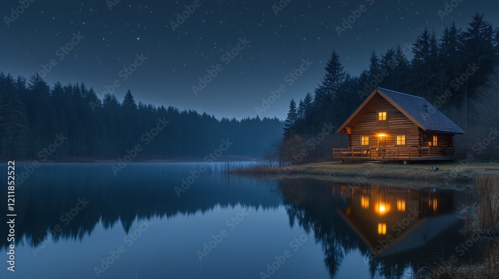 Fototapeta premium Secluded cabin by tranquil lake at night, reflecting lights and stars.