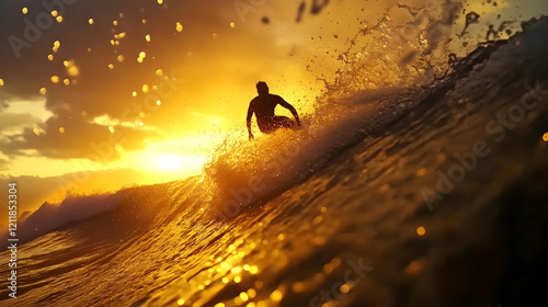 Surfer riding a wave at golden sunset  
 photo