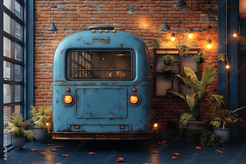 Obraz premium Vintage Blue Camper Display with Rustic Brick Background and Ambient Lighting